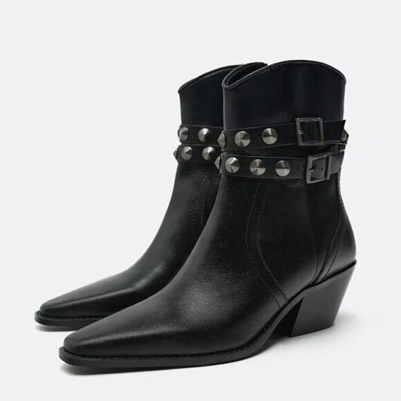 Zara Black Leather Strap Cowboy Comfortable Block Heel Ankle Boots - Picture 1 of 10